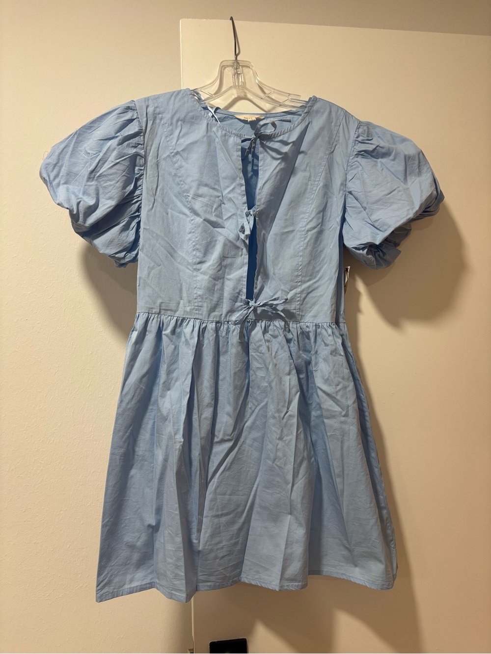 Light Blue Puff Sleeve Mini Dress with Tie-Back